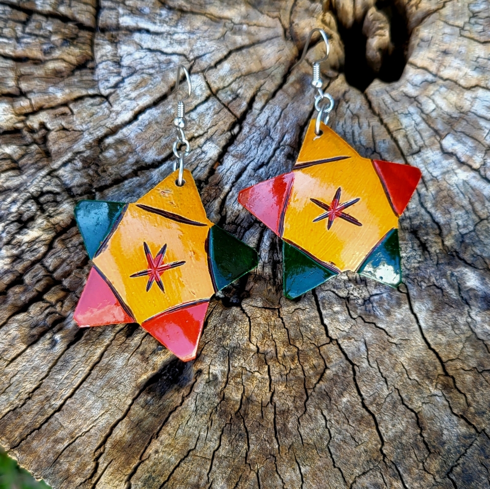 Handmade Multicolor Star Carved Wood Earrings.